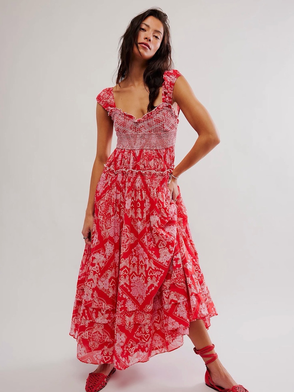 Free People Forever Favorite Red Printed Smocked Maxi Dress - Women's